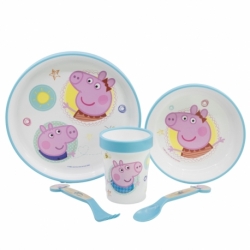 NON SLIP 5 PCS BICOLOR PREMIUM SET (PLATE, BOWL, TUMBLER, CUTLERY) IN STANDARD BOX PEPPA PIG CORE
