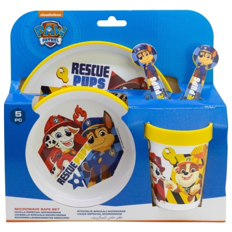 NON SLIP 5 PCS BICOLOR PREMIUM SET (PLATE, BOWL, TUMBLER, CUTLERY) IN STANDARD BOX PAW PATROL BOY RESCUE PUPS