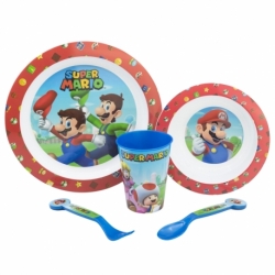 SET MICRO 5 PCS (PLATO, CUENCO, VASO Y CUBIERTOS) EN CAJA SUPER MARIO