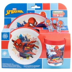 SET 5 PCS ANTIDESLIZANTE (PLATO, CUENCO, VASO Y CUBIERTOS) PREMIUM BICOLOR EN CAJA SPIDERMAN MOVING TARGET