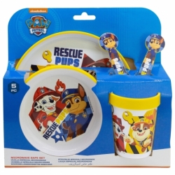 SET 5 PCS ANTIDESLIZANTE (PLATO, CUENCO, VASO Y CUBIERTOS) PREMIUM BICOLOR EN CAJA PAW PATROL BOY RESCUE PUPS