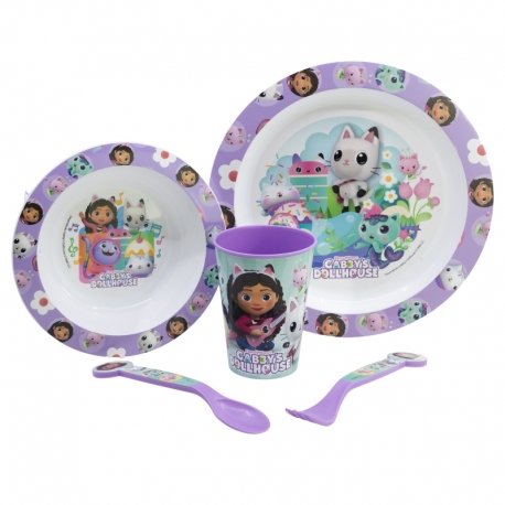SET MICRO 5 PCS (PLATO, CUENCO, VASO Y CUBIERTOS) EN CAJA GABBY\'S DOLLHOUSE BAB