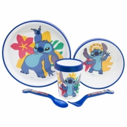 SET 5 PCS ANTIDESLIZANTE (PLATO, CUENCO, VASO Y CUBIERTOS) PREMIUM BICOLOR EN CAJA STITCH