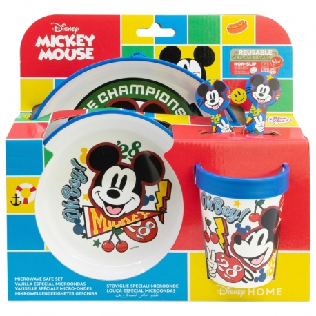 SET 5 PCS ANTIDESLIZANTE (PLATO, CUENCO, VASO Y CUBIERTOS) PREMIUM BICOLOR EN CAJA MICKEY TRUE CHAMPIONS