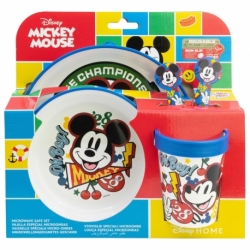 SET 5 PCS ANTIDESLIZANTE (PLATO, CUENCO, VASO Y CUBIERTOS) PREMIUM BICOLOR EN CAJA MICKEY TRUE CHAMPIONS