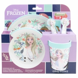 SET 5 PCS ANTIDESLIZANTE (PLATO, CUENCO, VASO Y CUBIERTOS) PREMIUM BICOLOR EN CAJA FROZEN SNOWY TALE