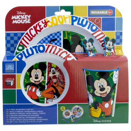 5 PCS MCIRO SET (PLATE, BOWL, TUMBLER, CUTLERY) MICKEY HAS FUN